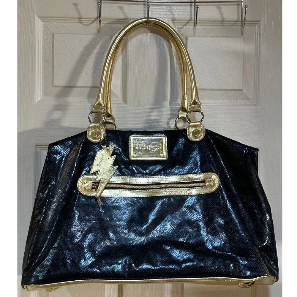 Betseyville Betsey Johnson Black Gold Snake Embossed Lightning Bolt Satchel Bag